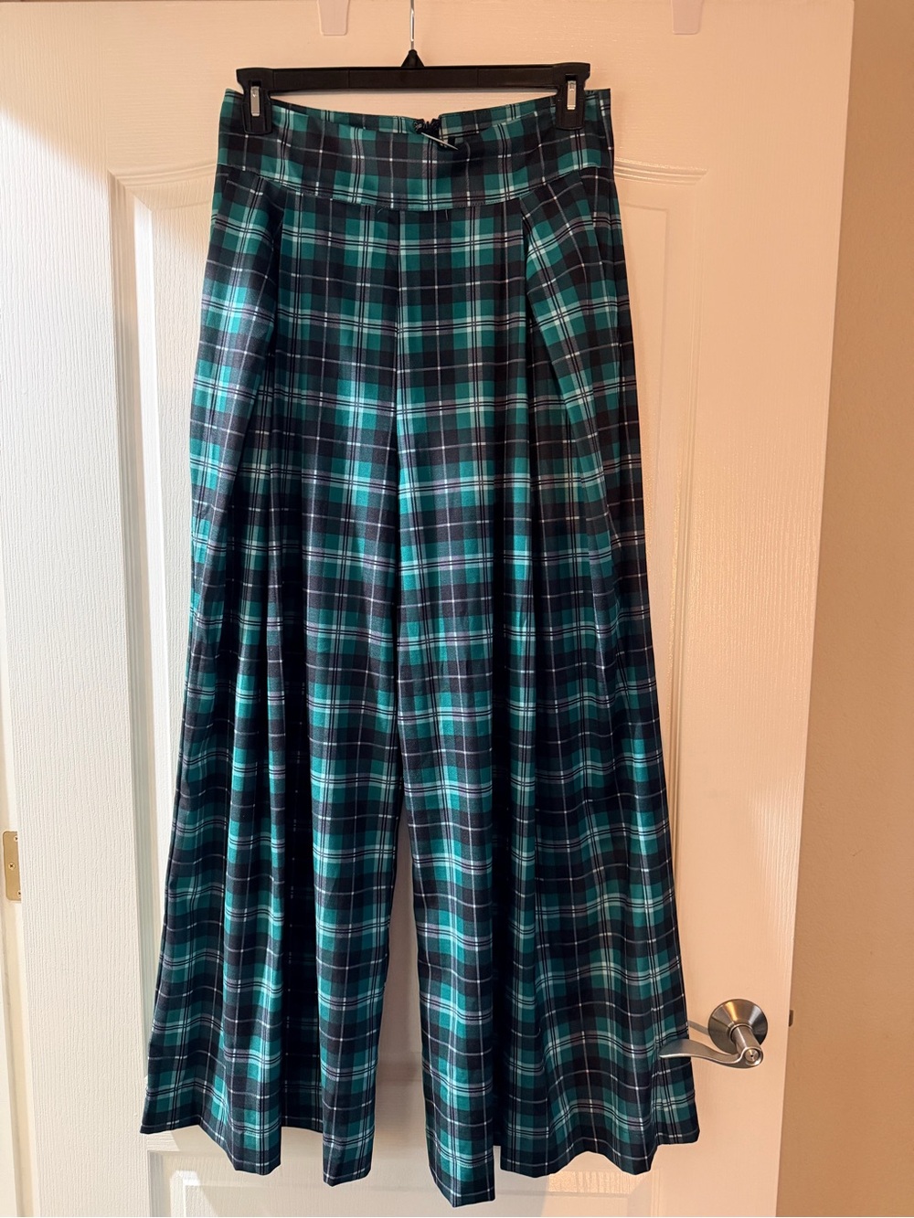 Green and Black Plaid Wide-Leg Trousers